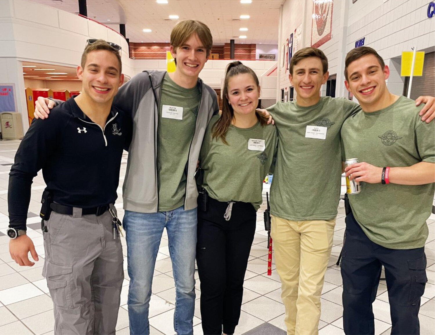Tech students pose for a group photo. From left: Dominick Coker (Parking Lot/Fundraising Lead), Austin McCowan (Recruitment Lead), Maggie Teat (Promotions Lead), Alex Stovall (Head Lead), Alexander Coker (Hospitality Lead).